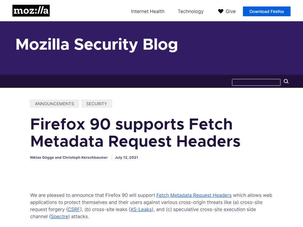 Firefox 90 supports Fetch Metadata Request Headers - Mozilla Security Blog